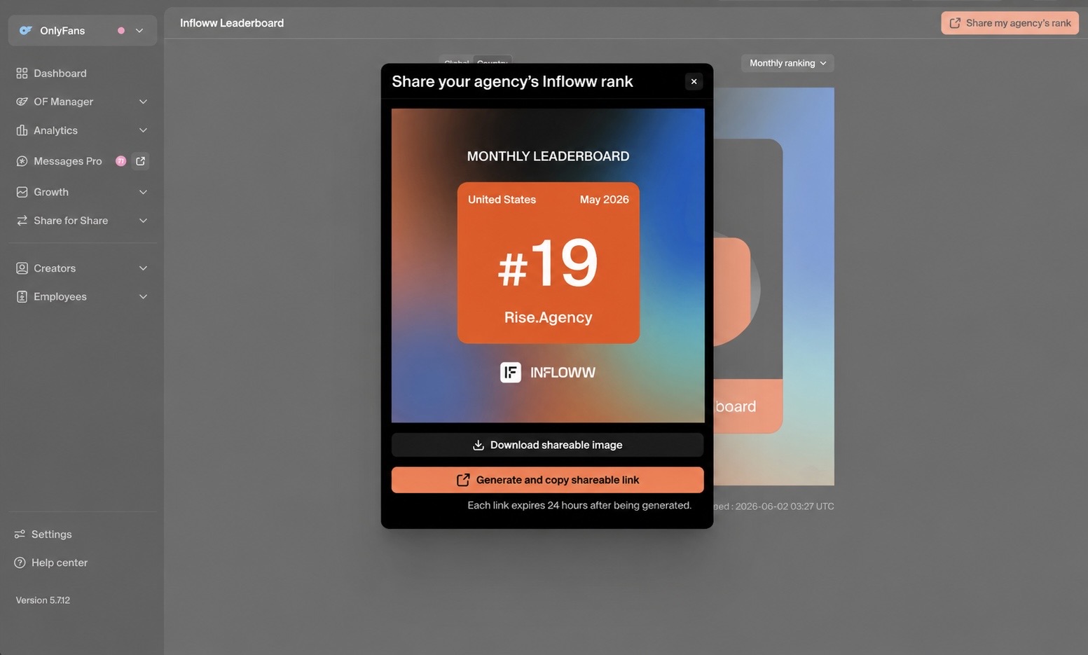 Infloww Monthly Leaderboard, United States, May 2026, Rise.Agency ranked number 19