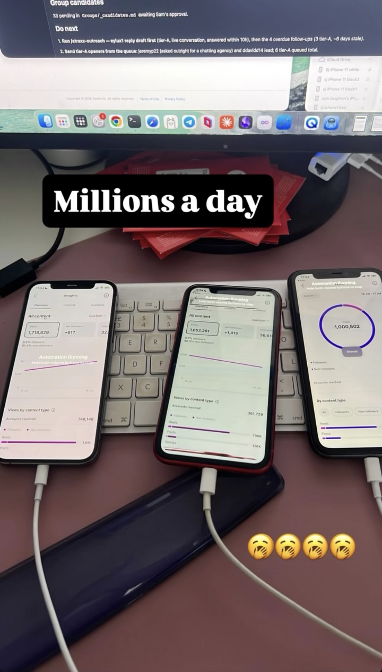 Millions a day, three phones showing 1,718,829, 1,052,291 and 1,000,502 views